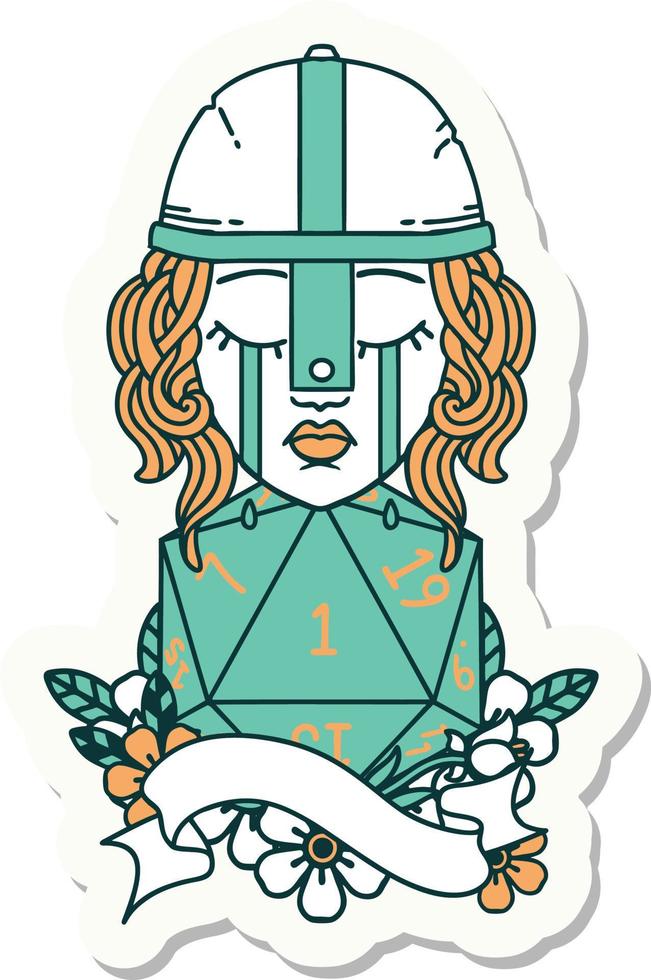 sticker of a crying human fighter with natural one D20 roll vector