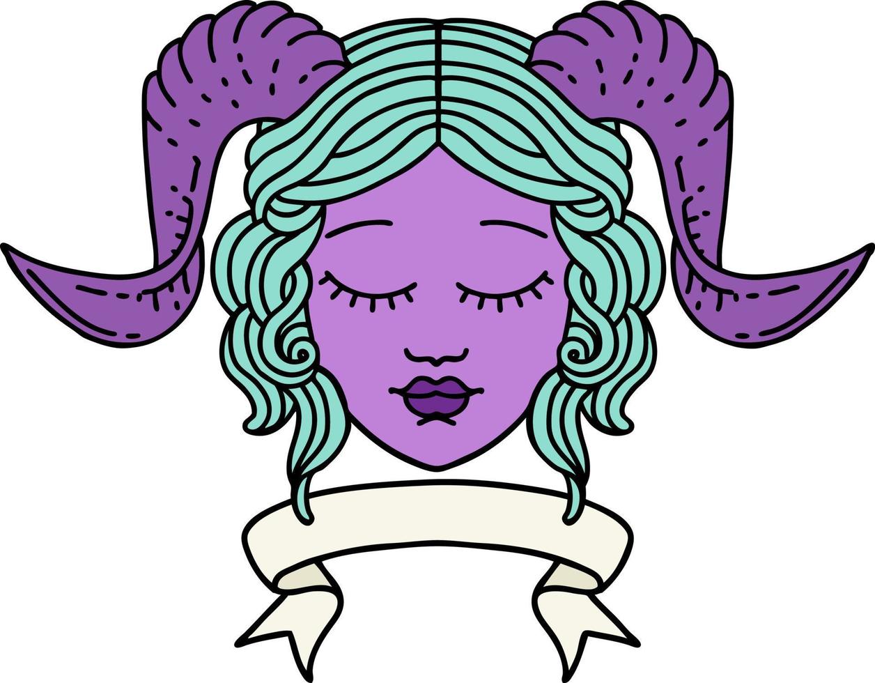 Retro Tattoo Style tiefling character face with scroll banner vector