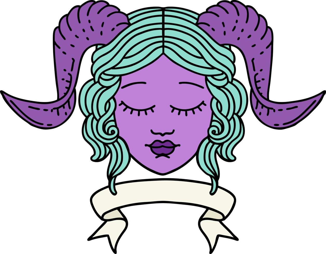 cara de personaje tiefling estilo tatuaje retro con pancarta de desplazamiento vector