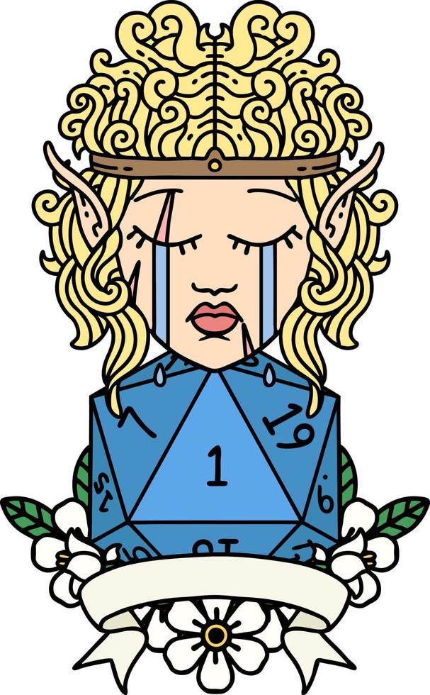 Retro Tattoo Style sad elf barbarian character with natural one roll vector