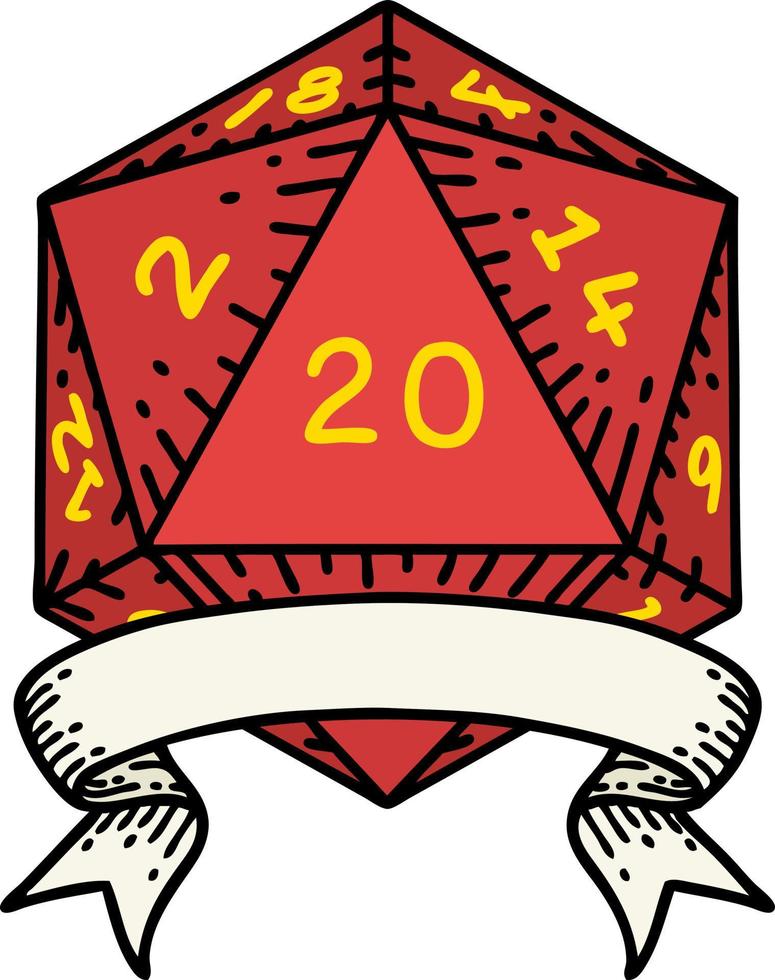 Retro Tattoo Style natural 20 critical hit D20 dice roll vector