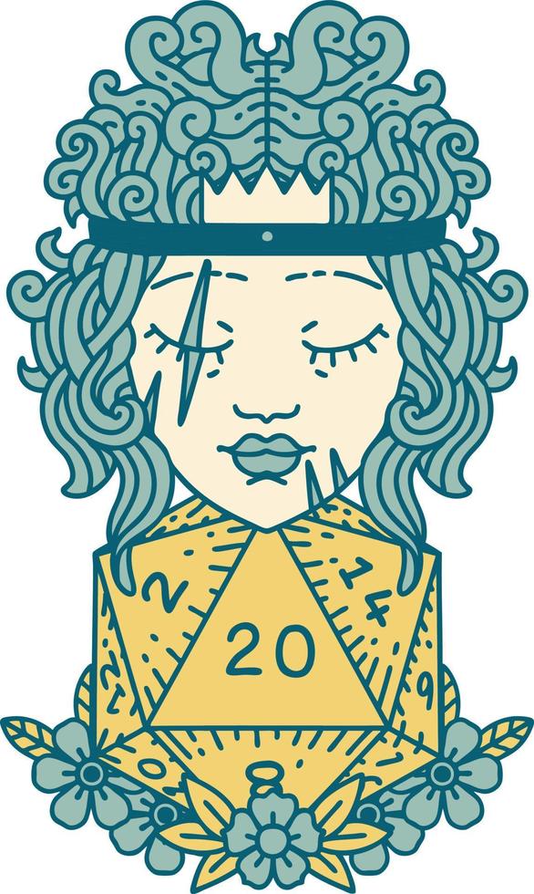 Retro Tattoo Style human barbarian with natural twenty dice roll vector