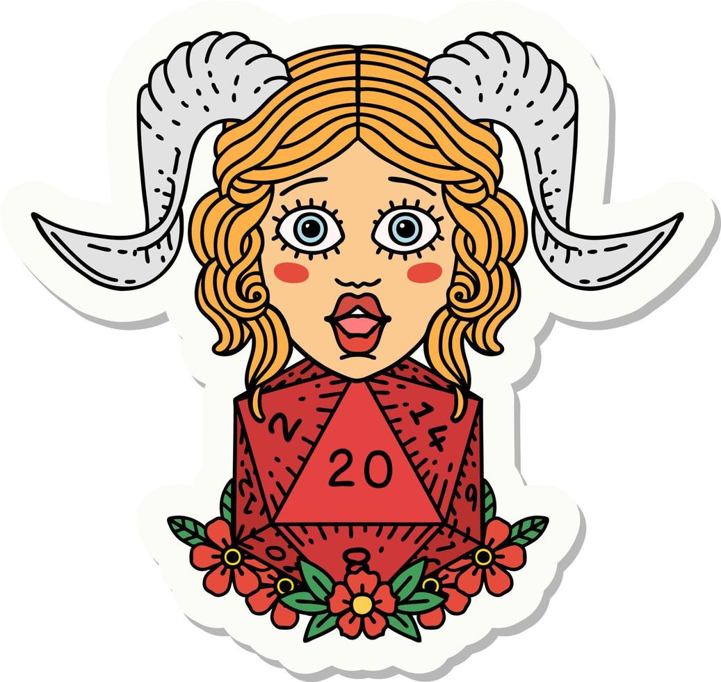 sticker of a tiefling with D20 natural twenty dice roll vector