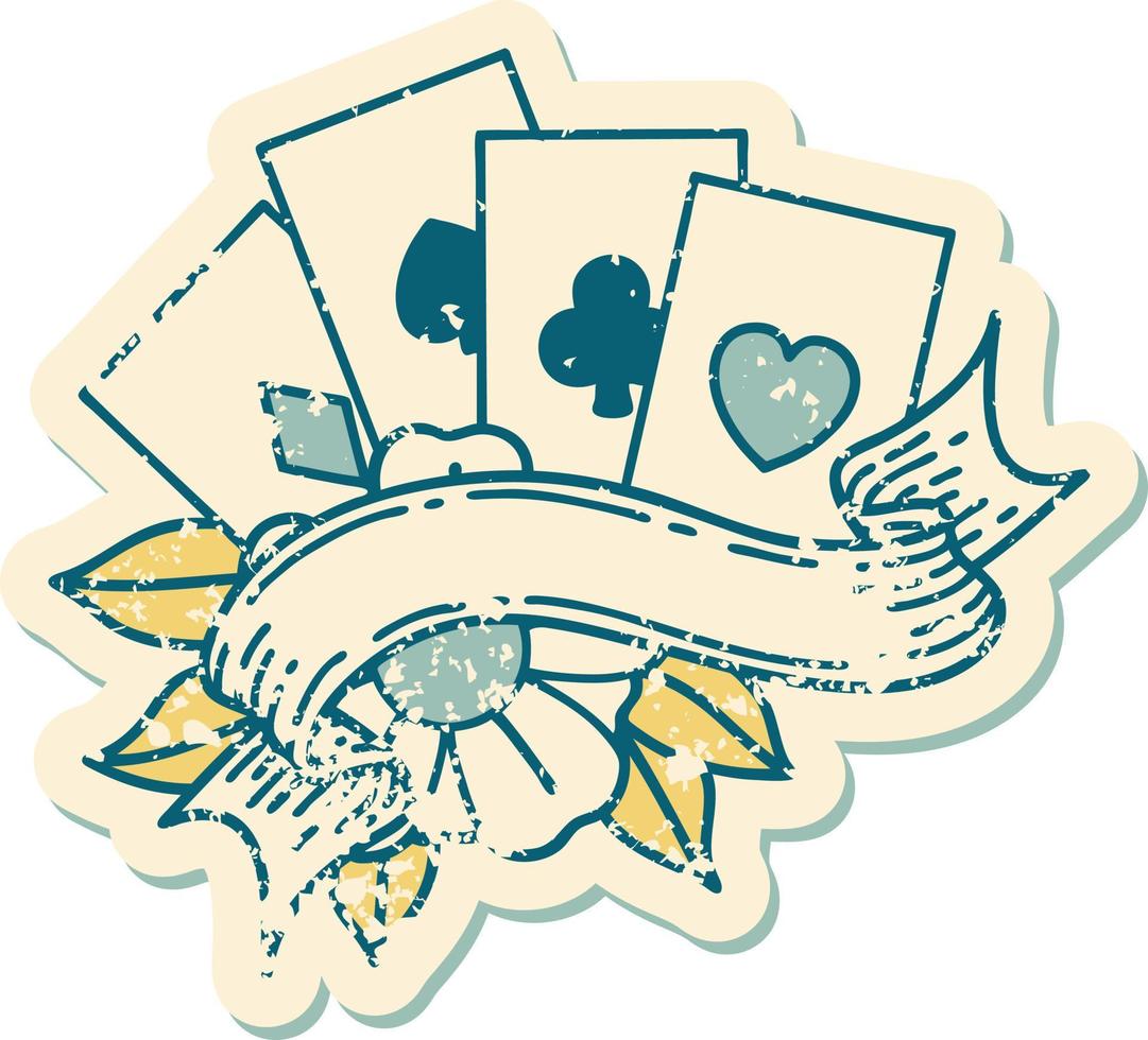 iconic distressed sticker tattoo style image of cards and banner vector