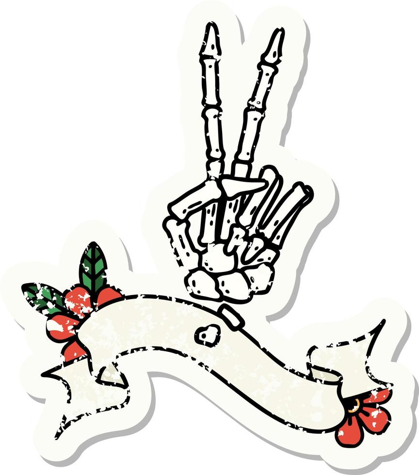 worn old sticker with banner of a skeleton giving a peace sign vector
