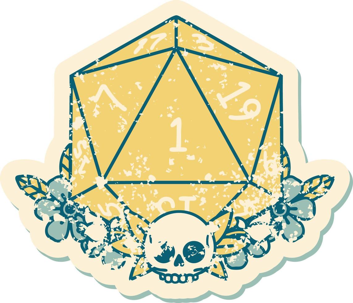 Retro Tattoo Style natural one dice roll with floral elements vector