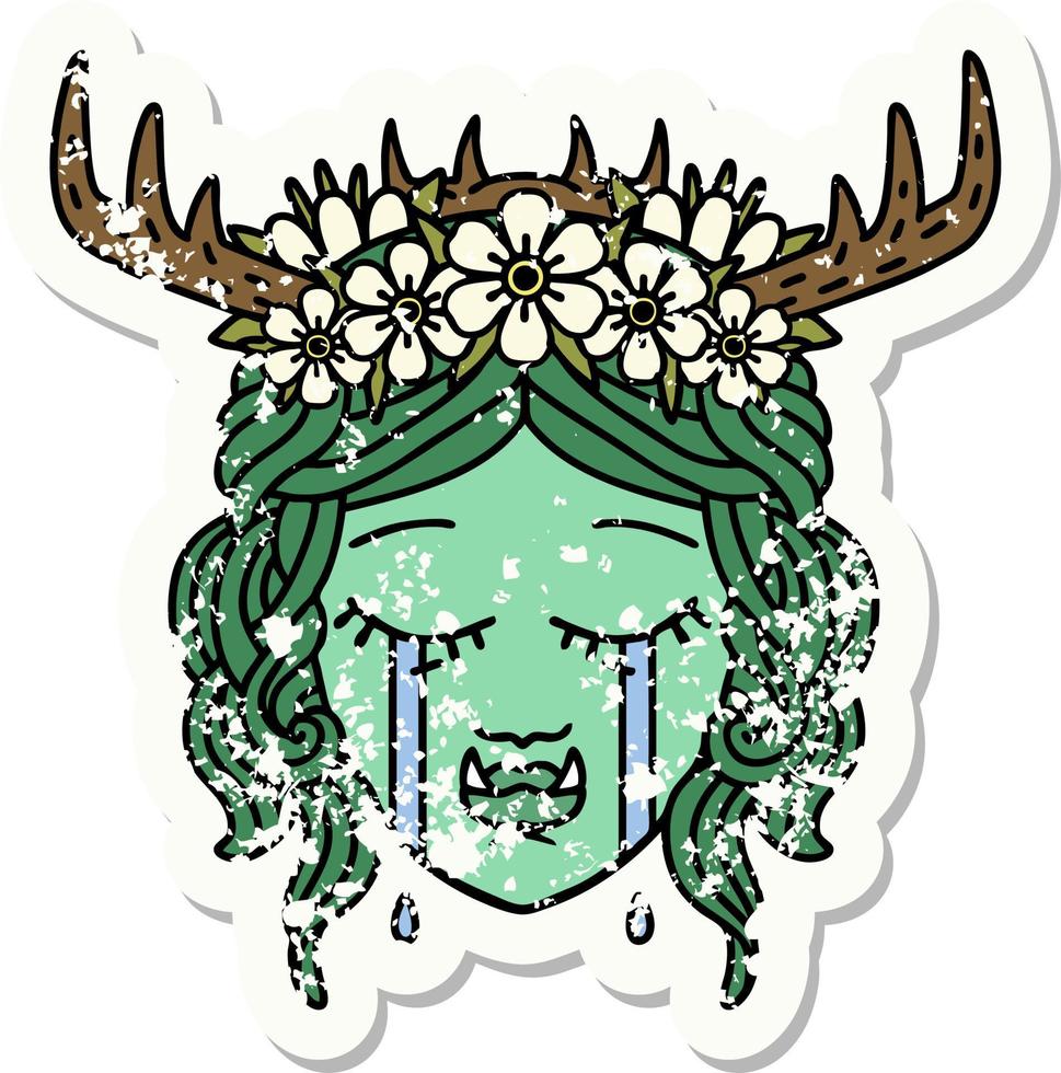 grunge sticker of a sad half orc druid character face vector