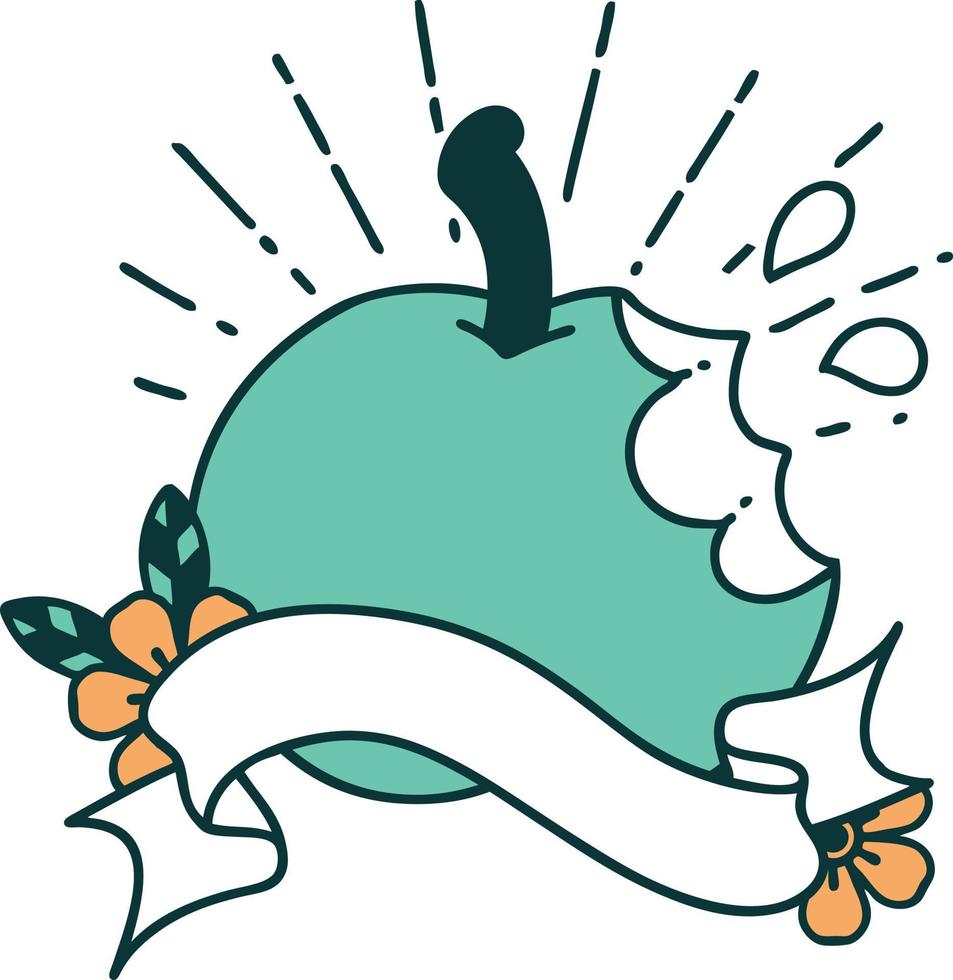 scroll banner with tattoo style bitten apple vector
