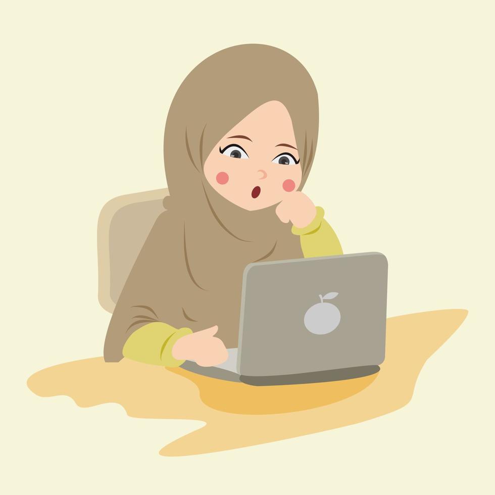 Cute Hijab Using Laptop vector