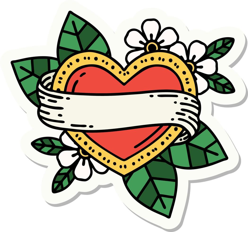 sticker of tattoo in traditional style of a heart and banner vector