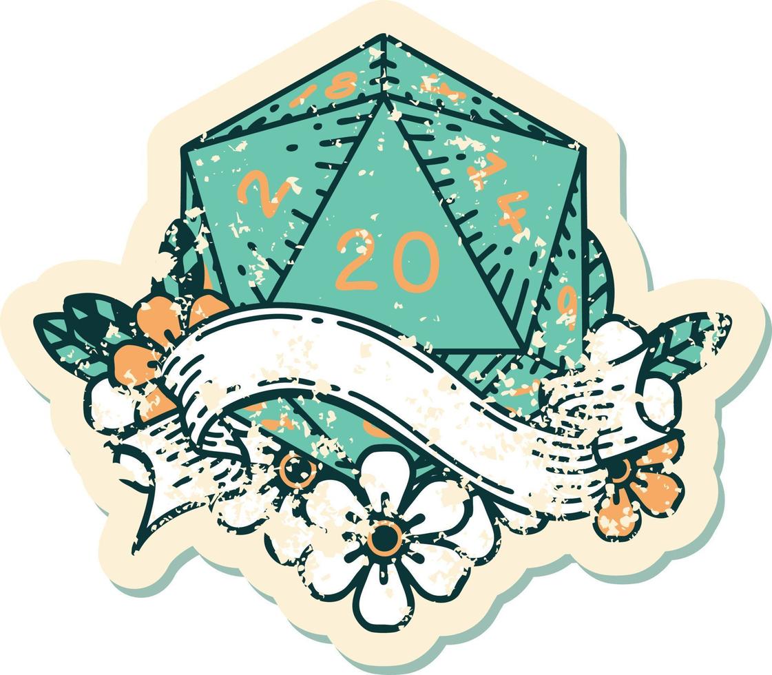 Retro Tattoo Style natural twenty D20 dice roll vector