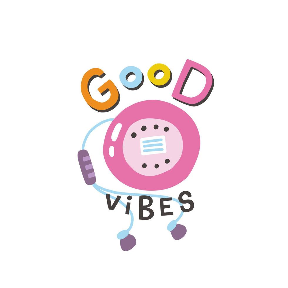 Good vibes. Y2K. Funny cartoon illustration. Vector quote. Comic element for sticker, poster, graphic tee print, bullet journal cover, card. 1990s, 1980s, 2000s style. Bright colors