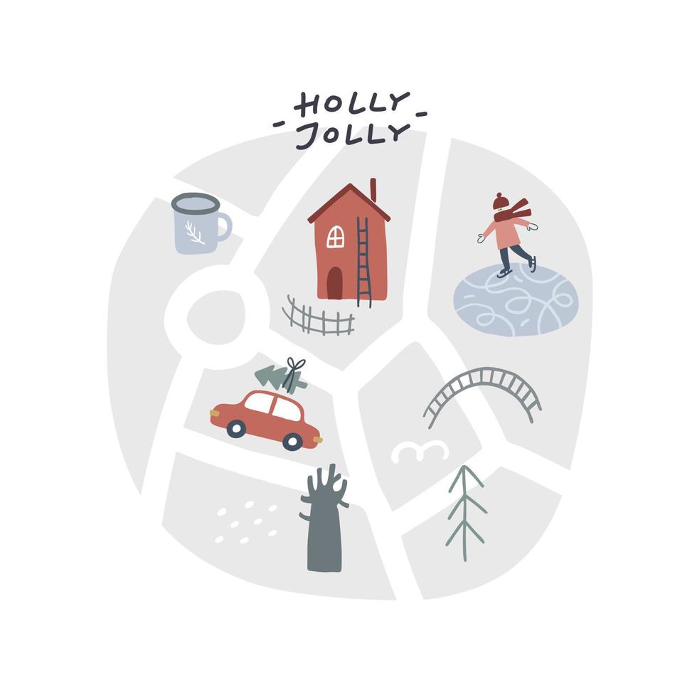 Holly Jolly. tarjeta de Navidad. ilustración dibujada a mano en estilo de dibujos animados. lindo concepto para navidad. ilustración para la postal de diseño, textiles, prendas de vestir, decoración vector