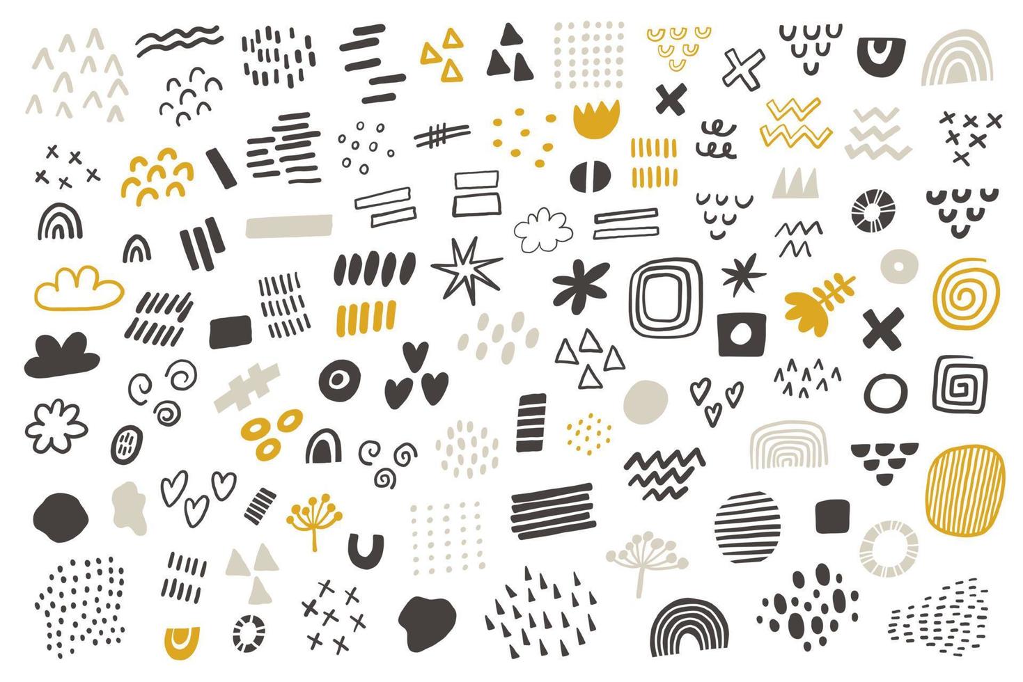 elementos de diseño de garabatos dibujados a mano escandinavos, negros sobre fondo blanco. silbidos, swoops, énfasis, triángulos, líneas, manchas, espirales, ondas, círculos, cruces, pinceladas. colección de vectores
