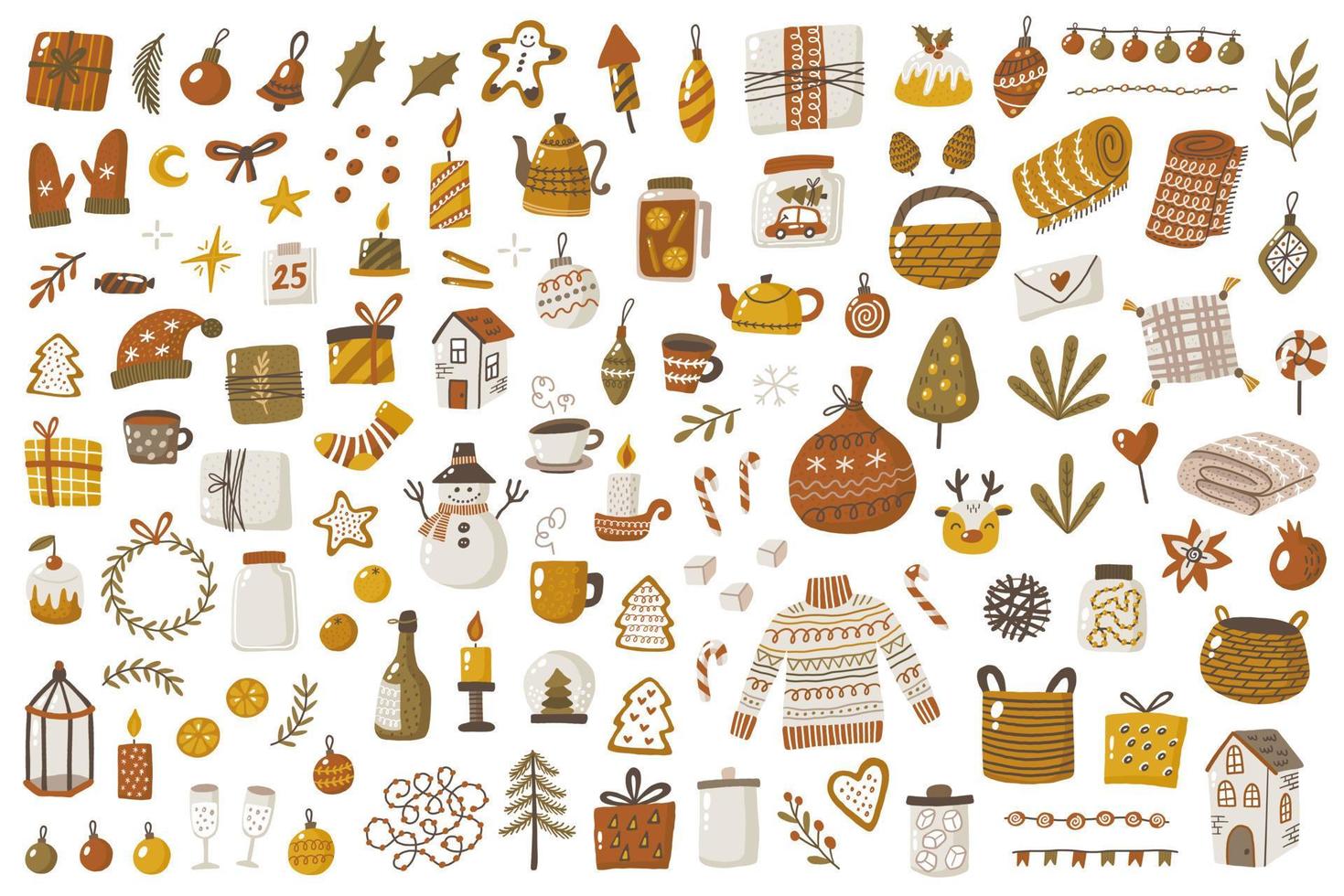 Merry Christmas or Happy New Year collection. Traditional winter holidays elements. Hand drawn icon vector illustration. Good for label, banner, tags, stickers, greeting card, party invitation, poster