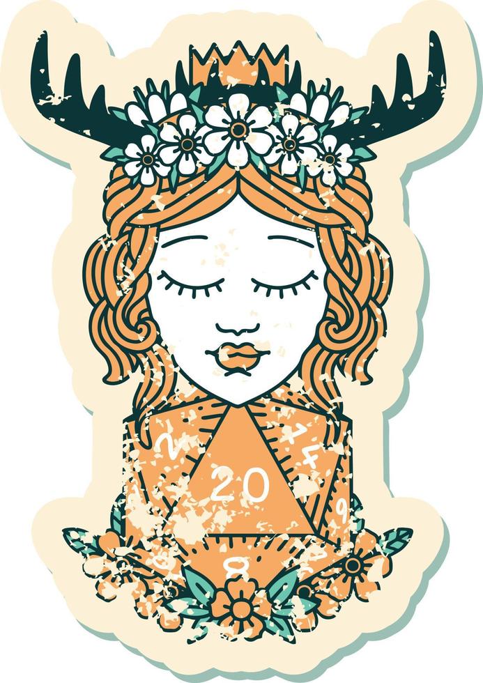 grunge sticker of a human druid with natural twenty dice roll vector