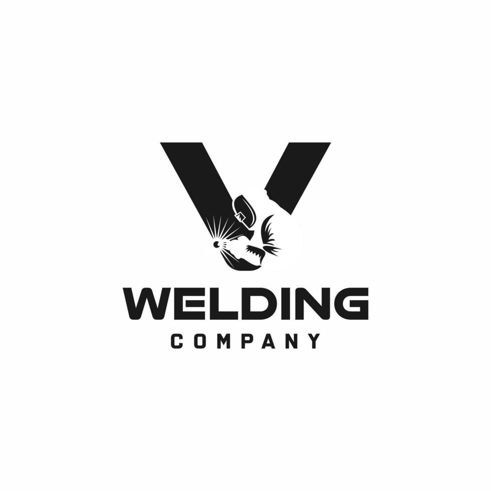 Letter V welding logo, welder silhouette working with weld helmet in simple and modern design style art vector