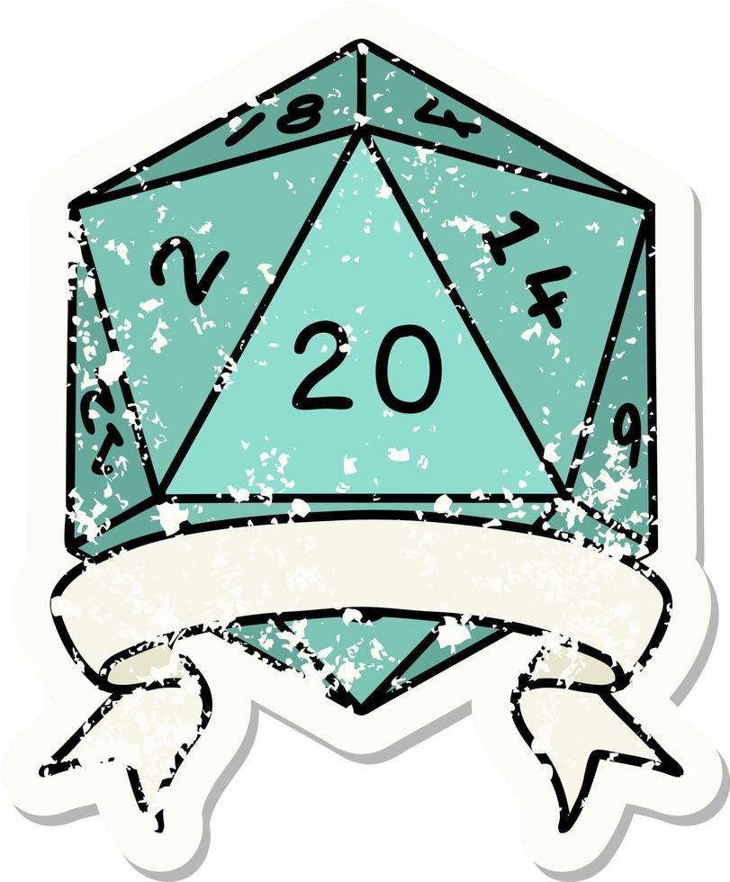 grunge sticker of a natural 20 critical hit D20 dice roll vector