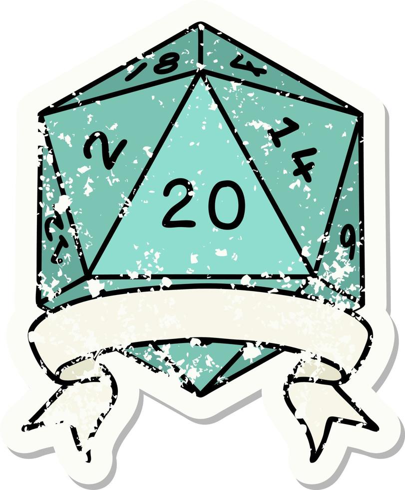 pegatina grunge de una tirada de dados d20 de 20 golpes críticos naturales vector