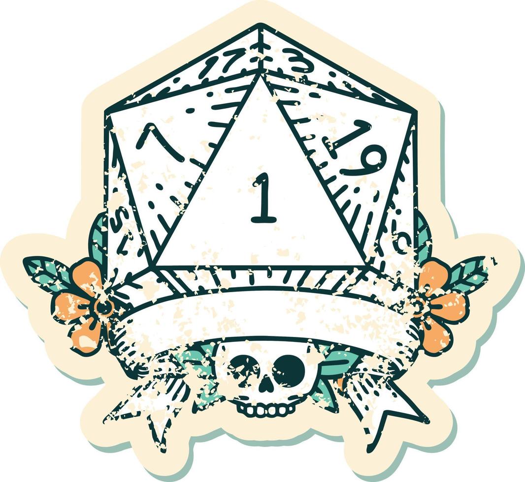 Retro Tattoo Style natural one d20 dice roll vector