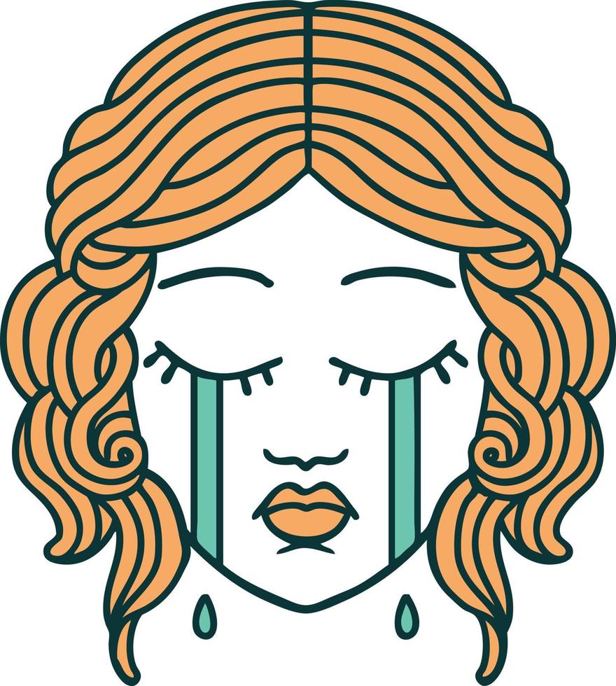 imagen icónica de estilo tatuaje de rostro femenino llorando vector