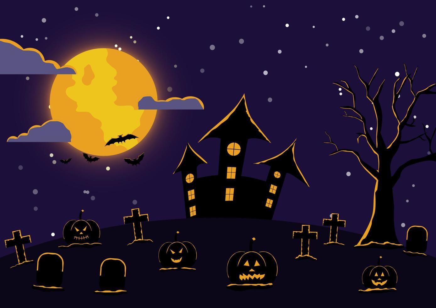 ilustración vectorial silueta de halloween con elementos árboles, lunas llenas, castillos, calabazas, funerales, murciélagos. vector