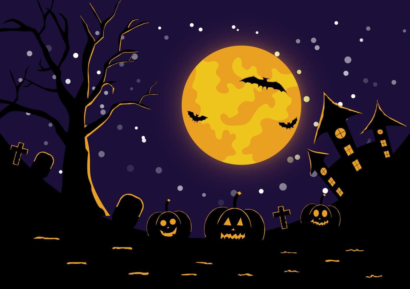 ilustración vectorial silueta de halloween con elementos árboles, lunas llenas, castillos, calabazas, funerales, murciélagos. vector