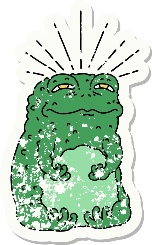 worn old sticker of a tattoo style toad character vector