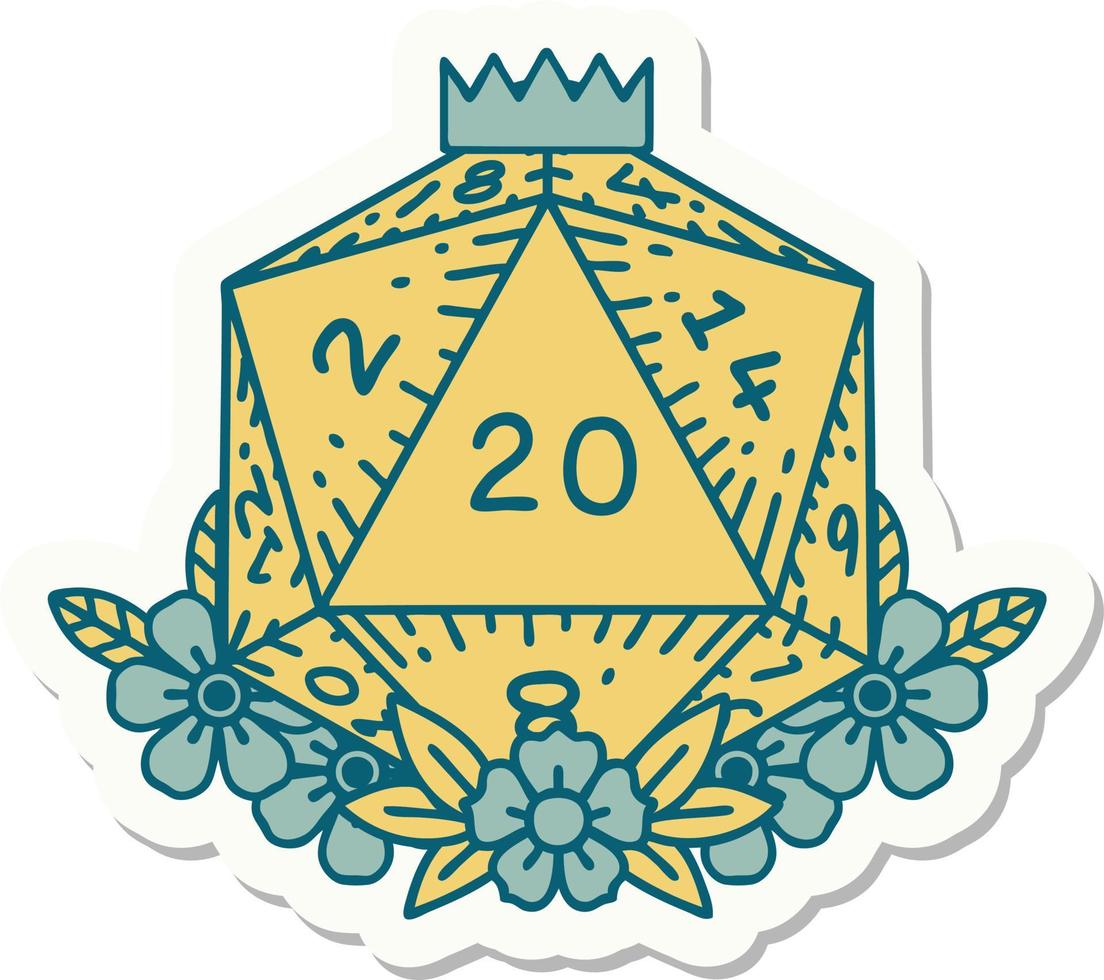 sticker of a natural 20 D20 dice roll with floral elements vector