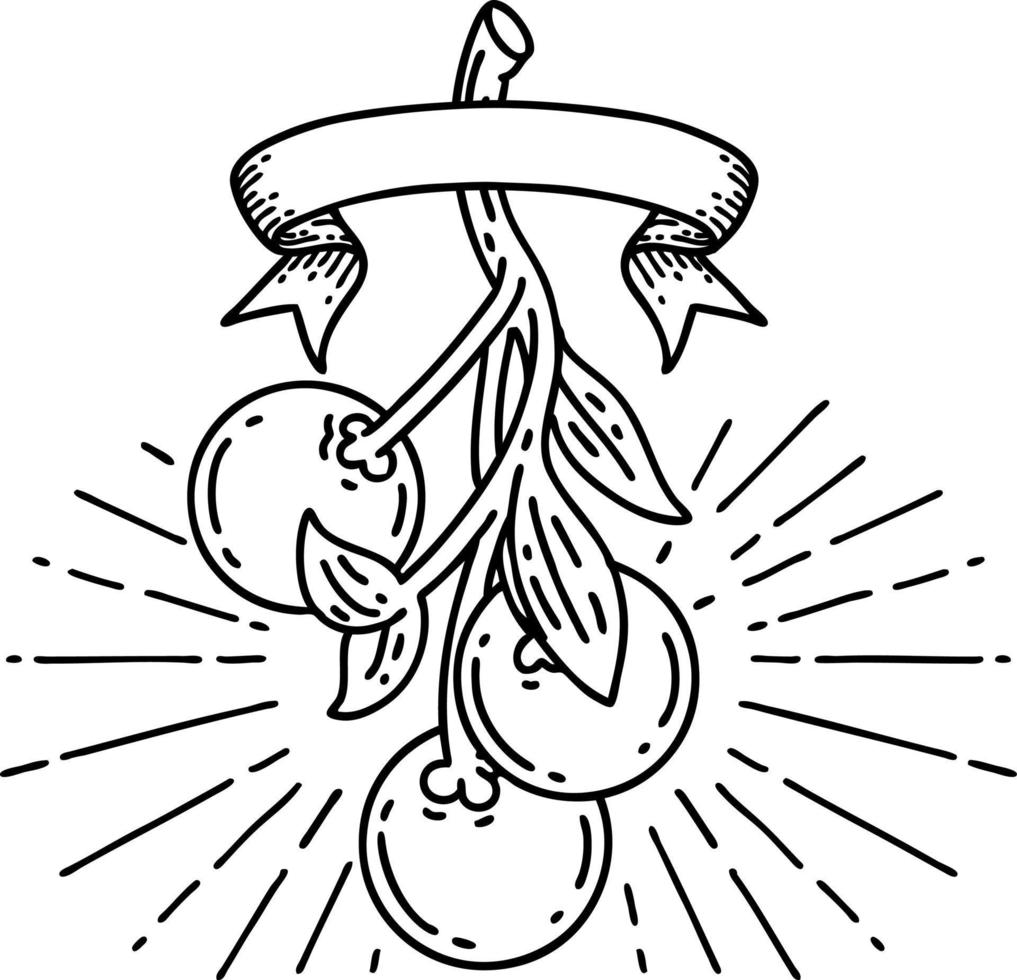 scroll banner with black line work tattoo style mistletoe berries vector