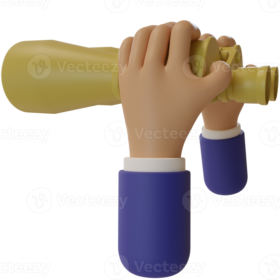 cartoon character businessman hand holds binocular. 3d illustration or 3d render png