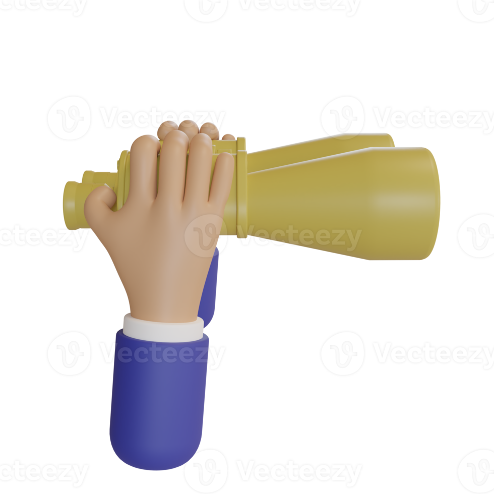 cartoon character businessman hand holds binocular. 3d illustration or 3d render png
