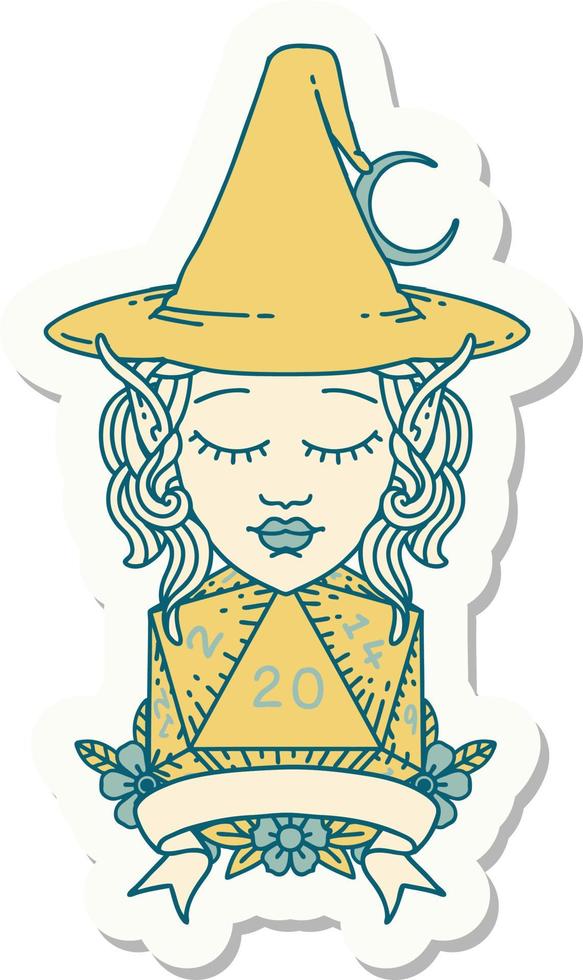 sticker of a elf mage character with natural twenty dice roll vector