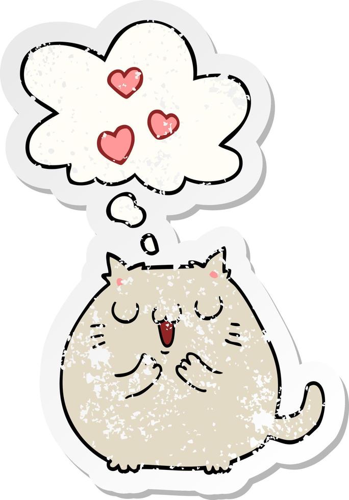 cute cartoon cat in love and thought bubble as a distressed worn sticker vector