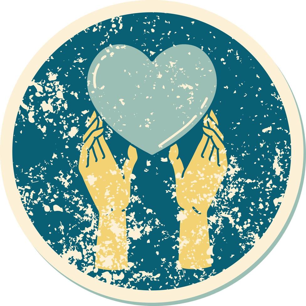 iconic distressed sticker tattoo style image of hands reaching for a heart vector
