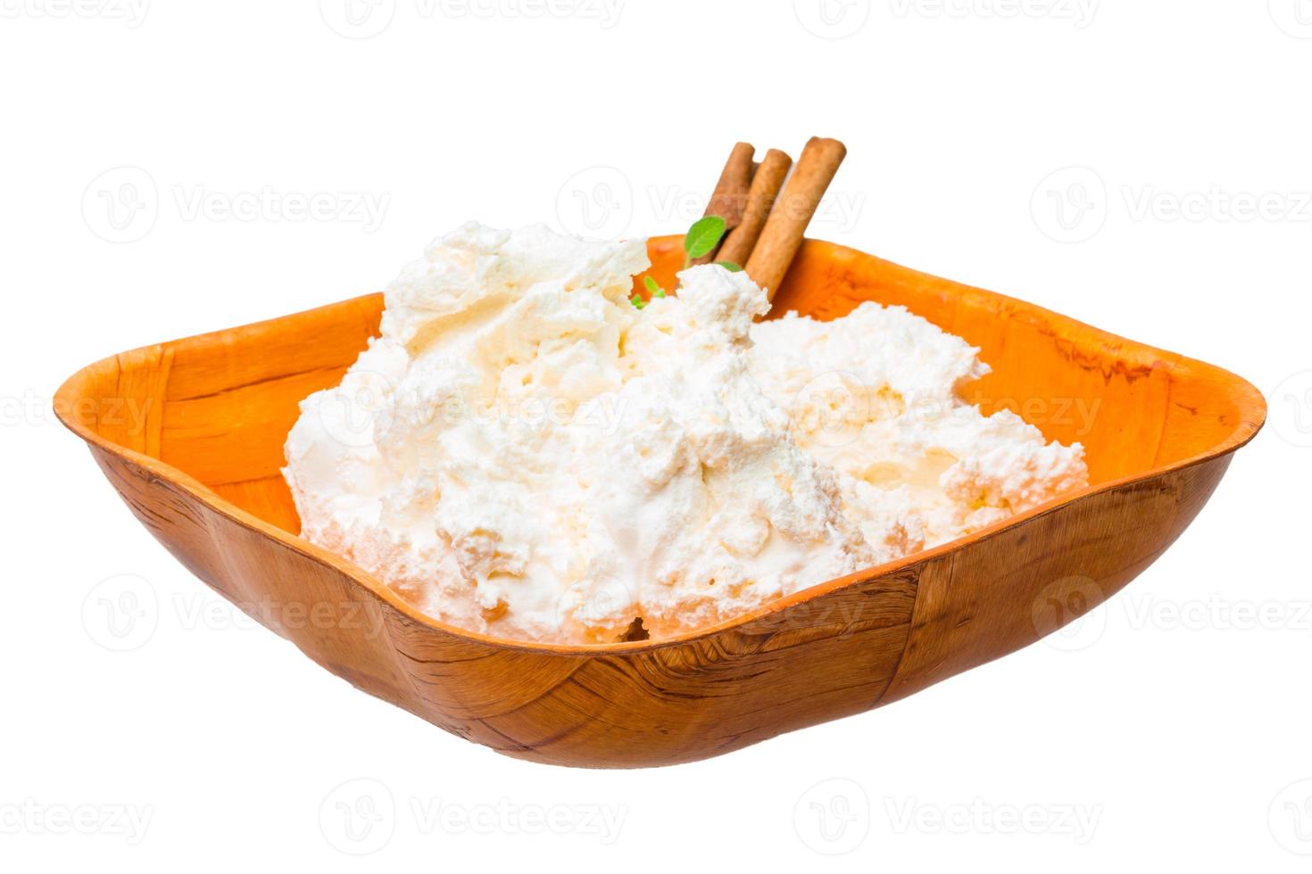 Cottage cheese in a bowl on white background photo