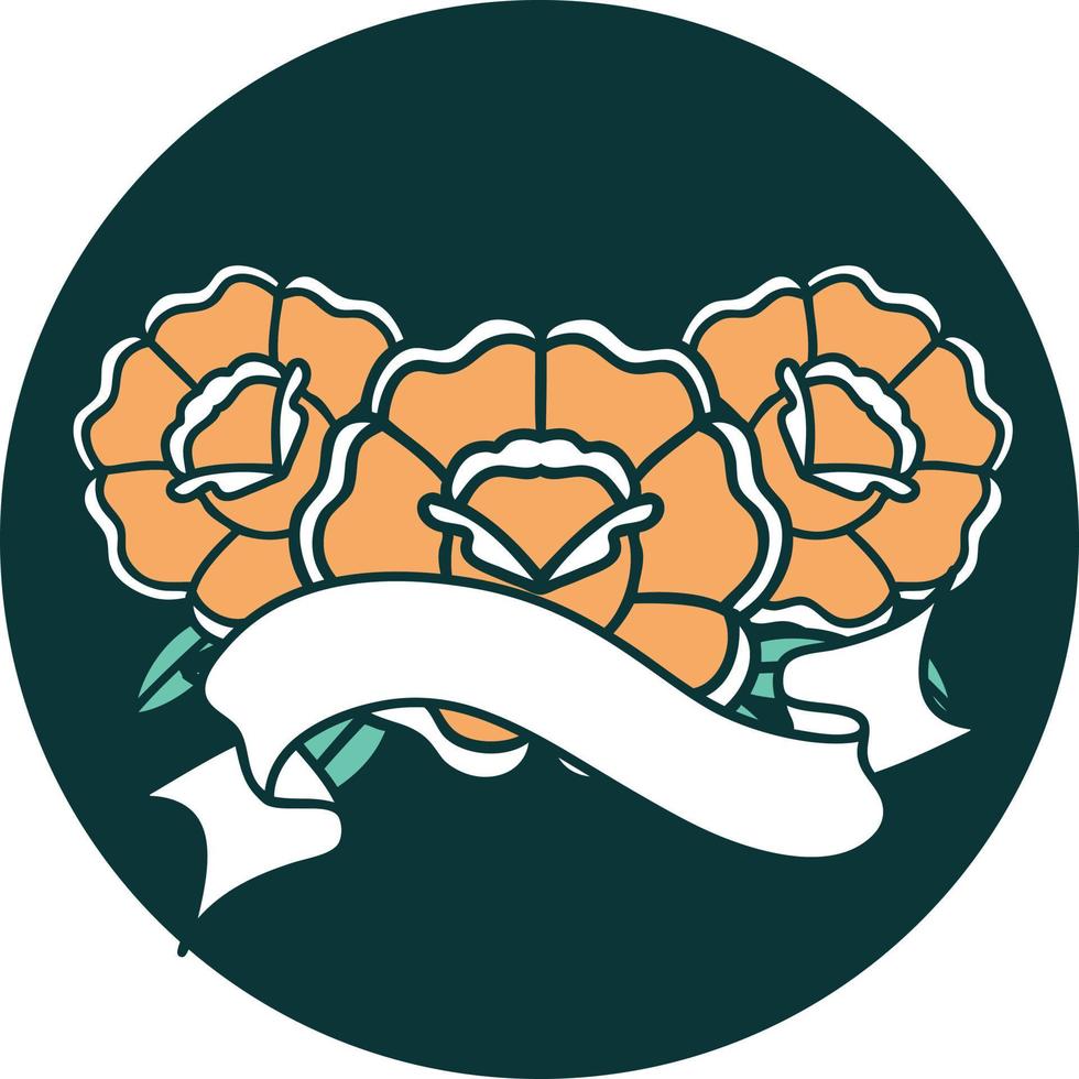 tattoo style icon with banner of a bouquet of flowers vector