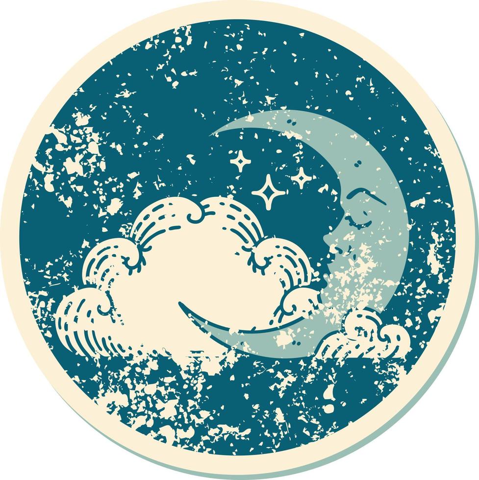 iconic distressed sticker tattoo style image of a crescent moon and clouds vector
