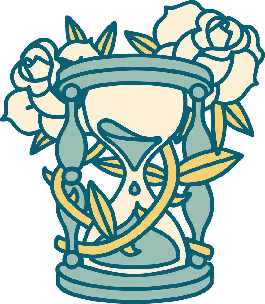 imagen icónica de estilo tatuaje de un reloj de arena y flores vector
