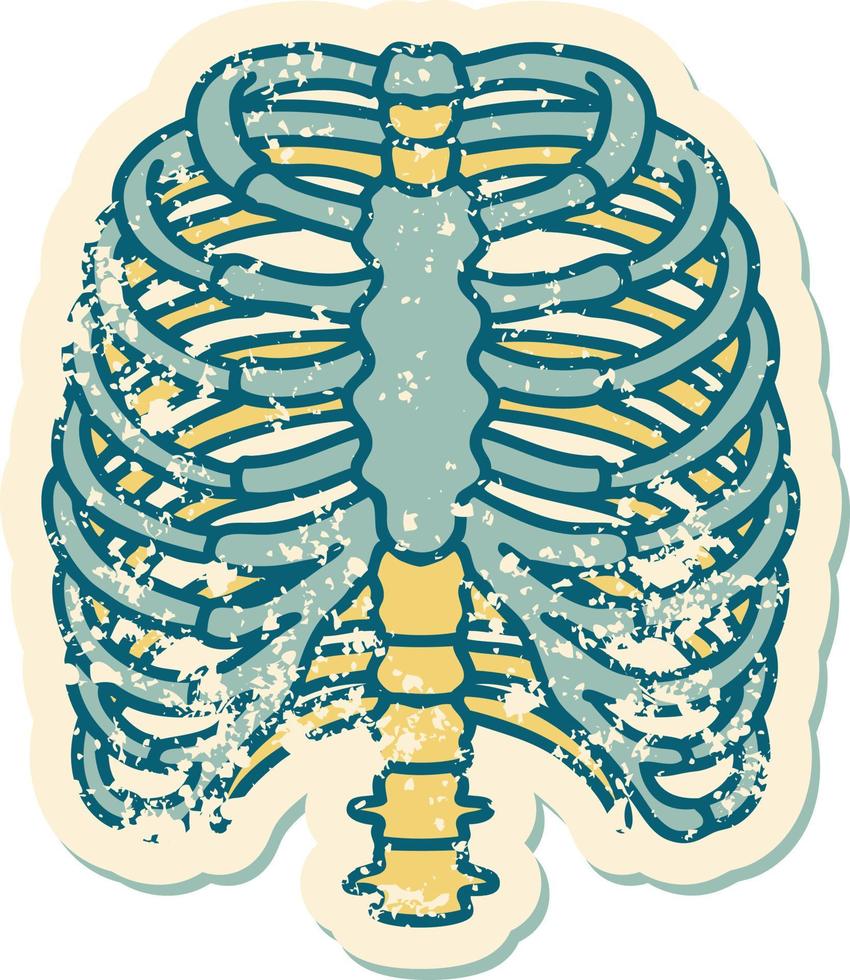 icónica pegatina angustiada imagen de estilo tatuaje de una caja torácica vector