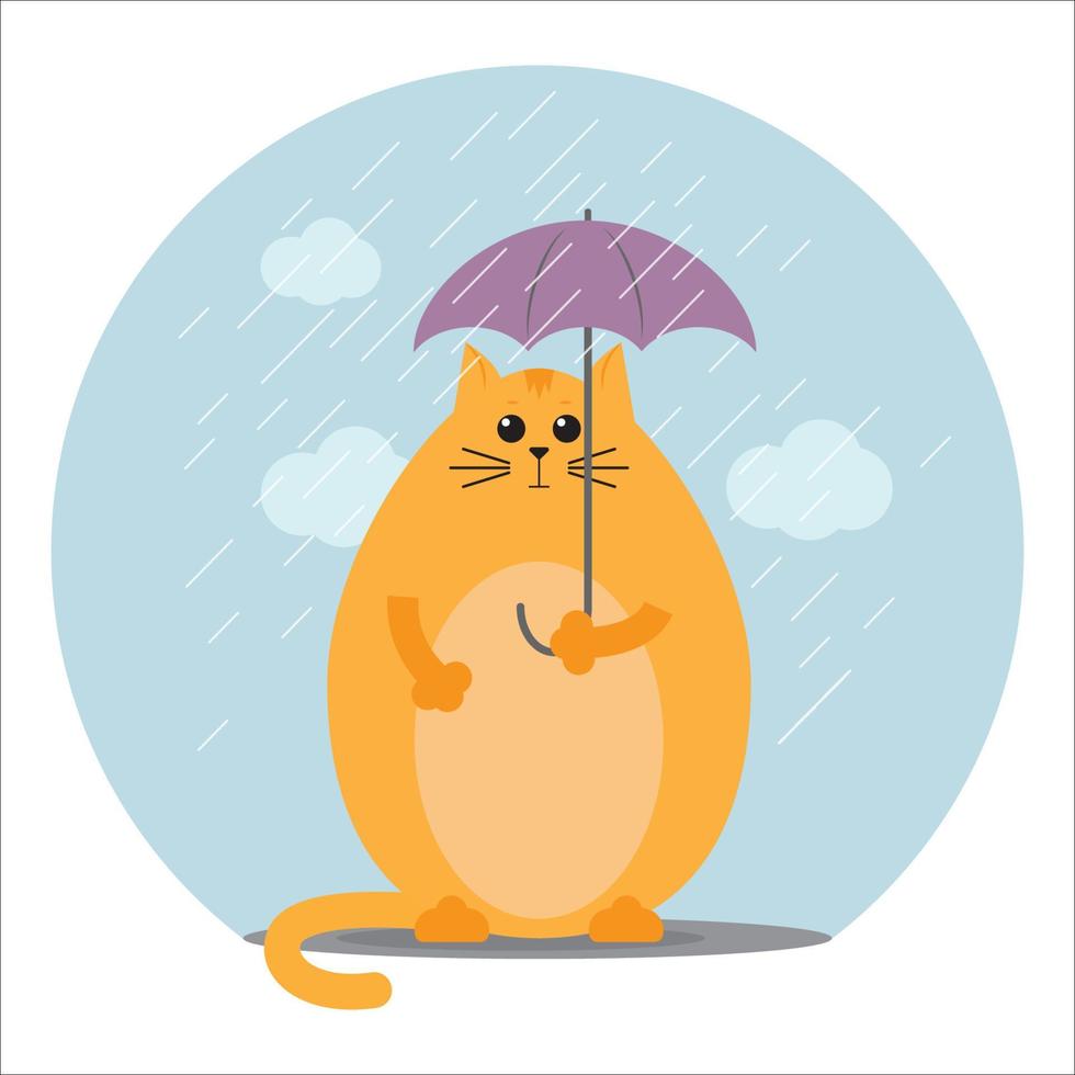 Funny fat cat under a small umbrella in a flat style. Fall autumn cold time. vector