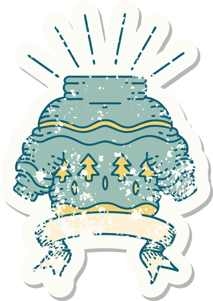 worn old sticker of a tattoo style christmas jumper vector