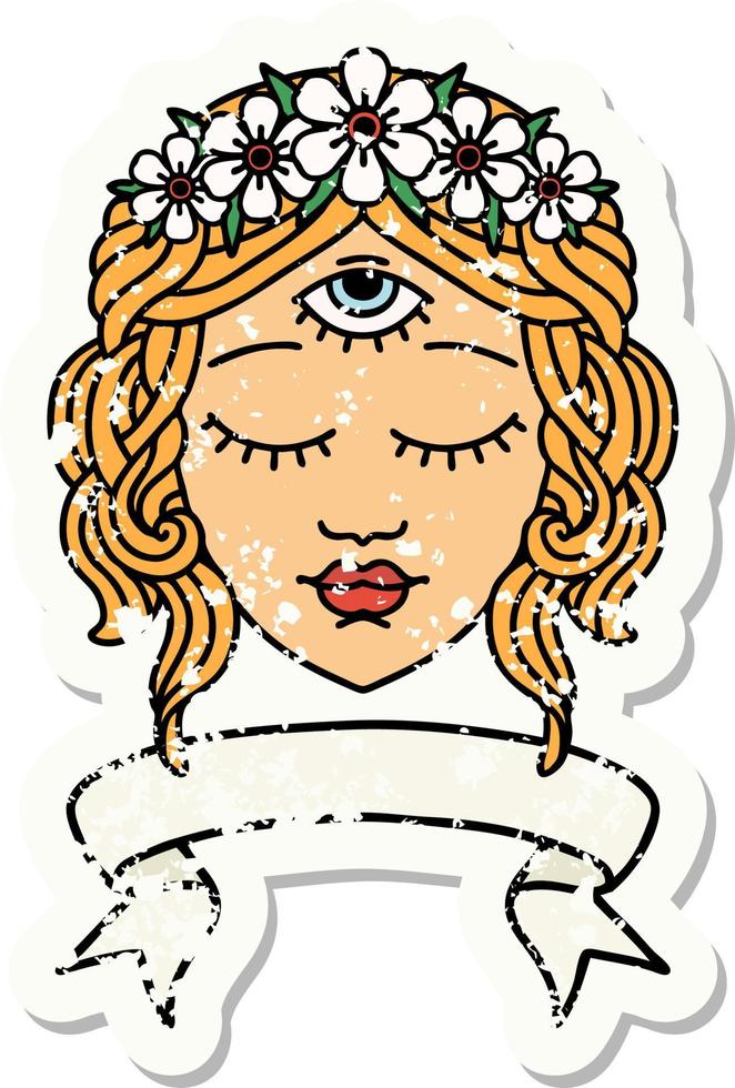 worn old sticker with banner of female face with third eye and crown of flowers vector