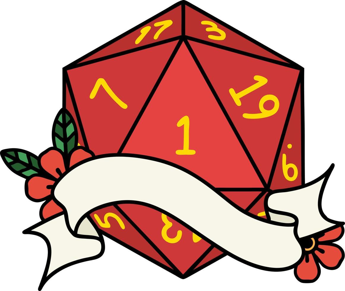 Retro Tattoo Style natural one d20 dice roll vector