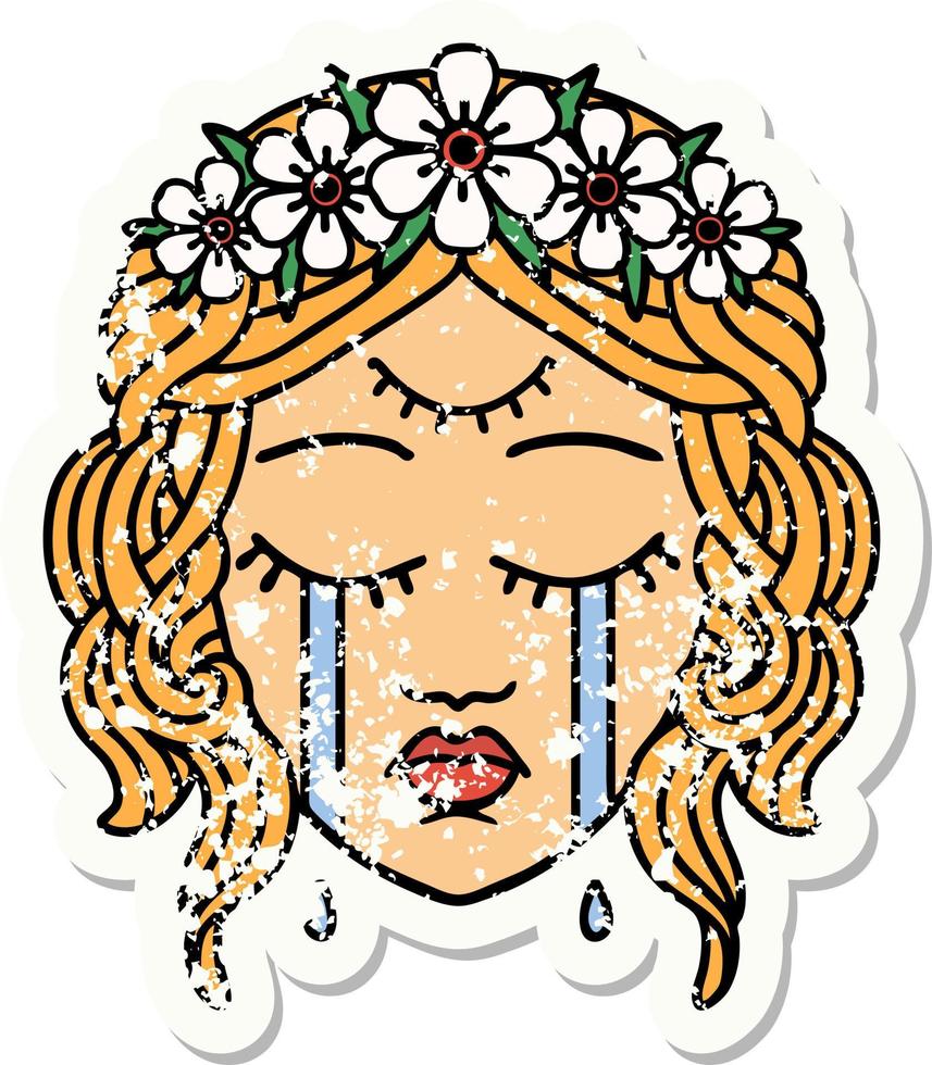 distressed sticker tattoo in traditional style of female face with third eye and crown of flowers cyring vector