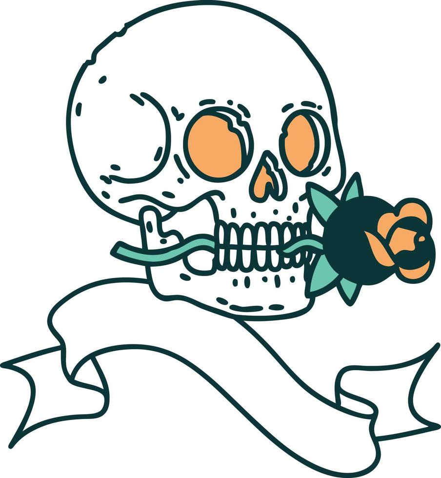 traditional tattoo with banner of a skull and rose vector