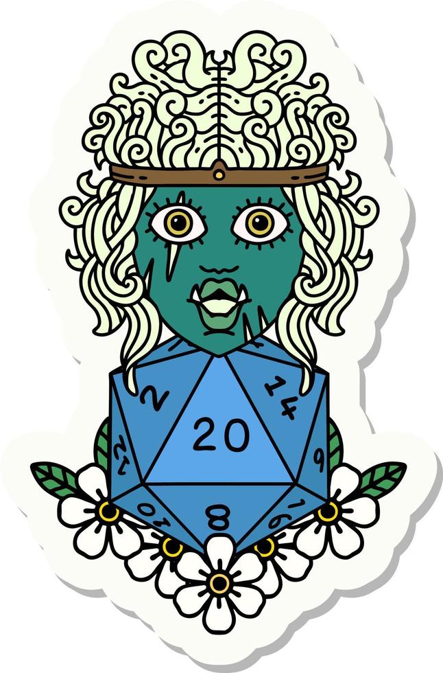 sticker of a orc barbarian with natural twenty dice roll vector