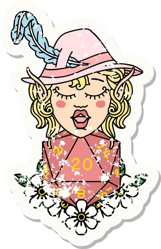 grunge sticker of a elf bard character with natural twenty dice roll vector