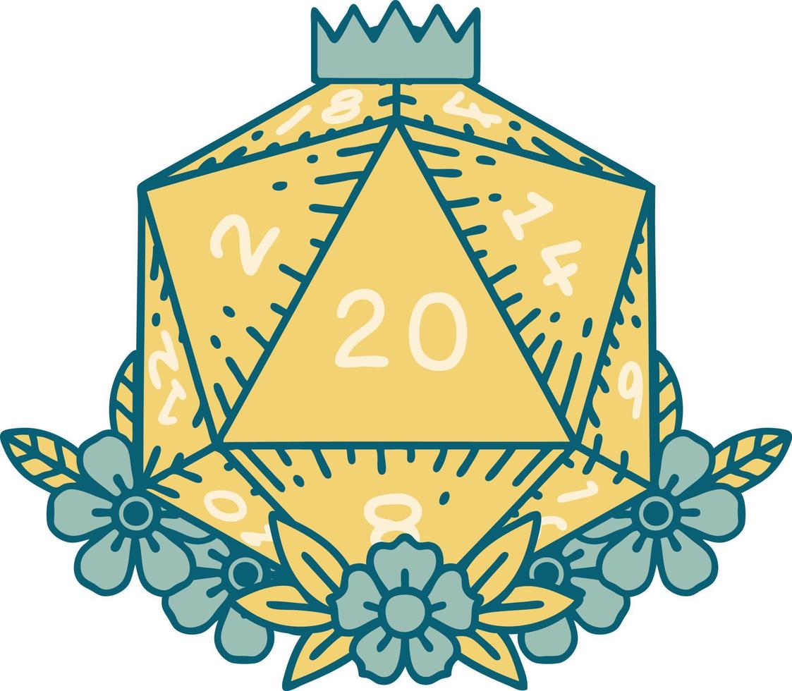 Retro Tattoo Style natural 20 D20 dice roll with floral elements vector