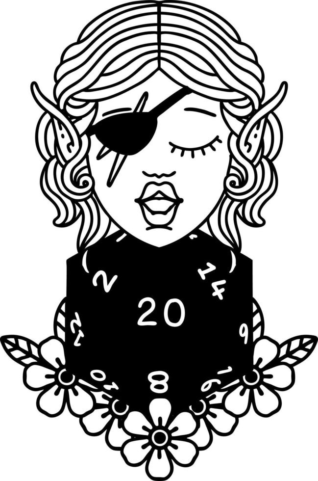 Black and White Tattoo linework Style elf rogue character with natural twenty dice roll vector